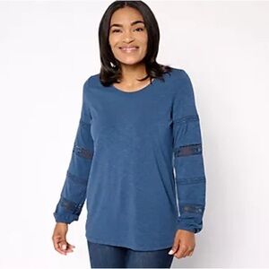 Belle Boho Slub Knit Top with Lace Trim Sleeves